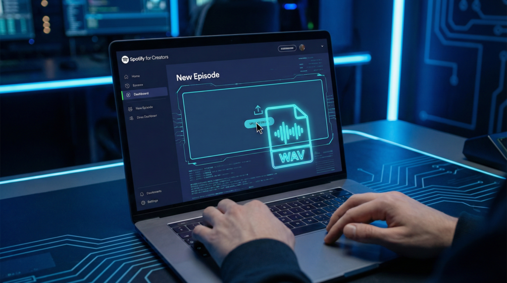 Spotify for Creatorsのダッシュボード画面で、WAVファイルを新規エピソードとしてドラッグ＆ドロップでアップロードしている様子。