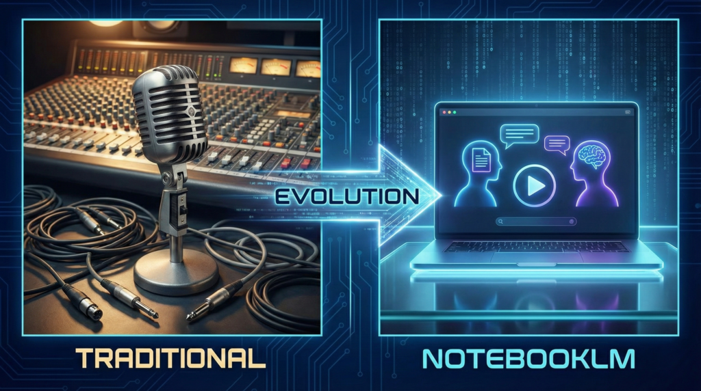 従来の複雑な録音機材と、NotebookLMを使ったスマートなAIポッドキャスト制作を対比させた概念図。