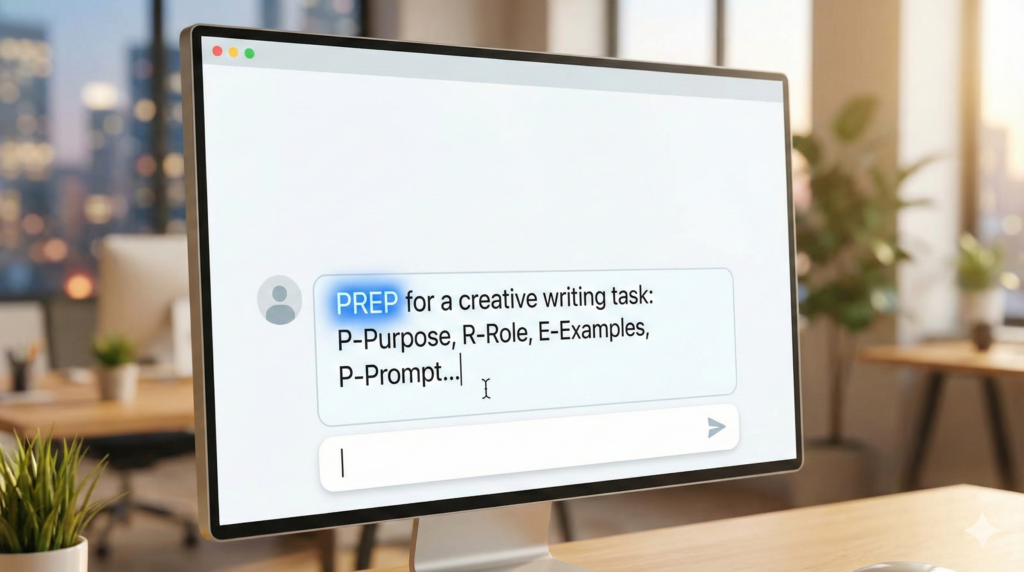 PREP法を意識した構造的なプロンプトを入力しているPC画面