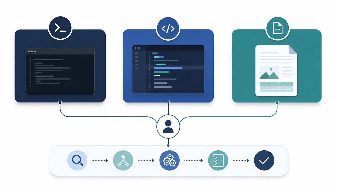 CLI、VS Code、Workspaceの役割分担を抽象的に示した図解