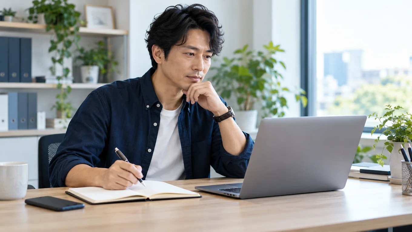 仕事で使うサービスと確認担当を、ノートとパソコンで整理する作業のイメージ