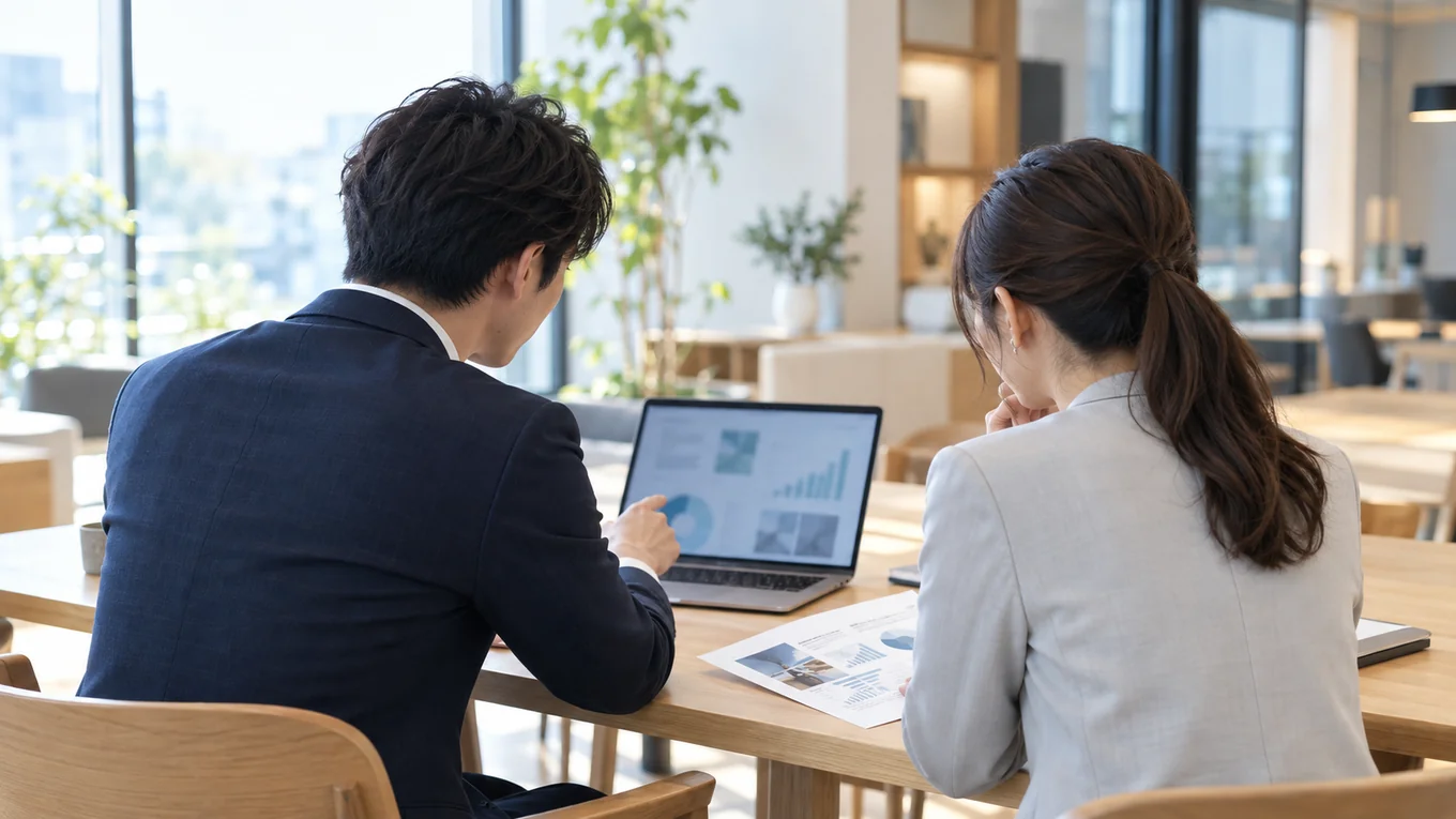 二人の担当者が画面と資料を確認する、承認作業のAI生成イメージ