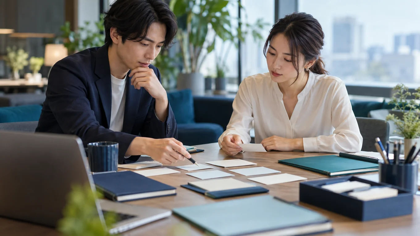 指示や資料を机に並べ、仕事の手順を確認する2人のイメージ