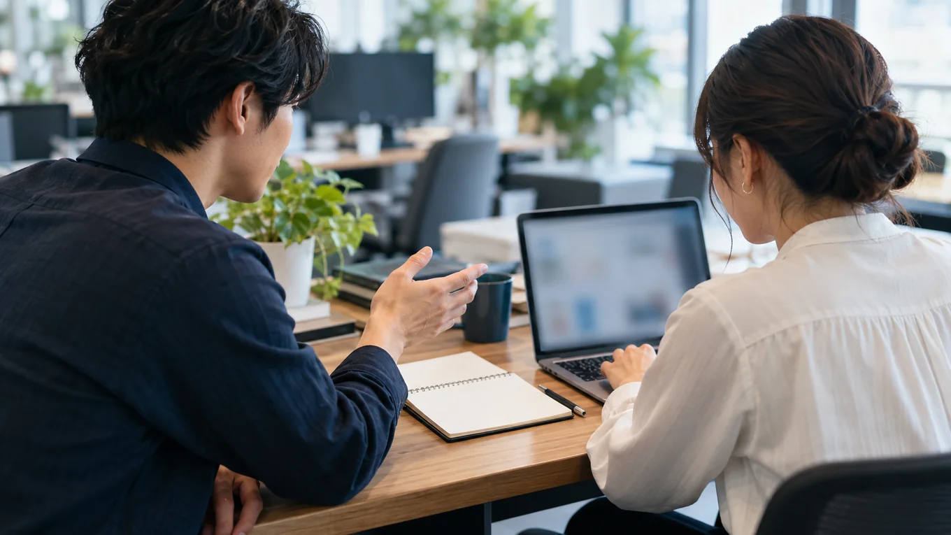 作業の始め方を説明し、利用する人が手順を確かめるイメージ