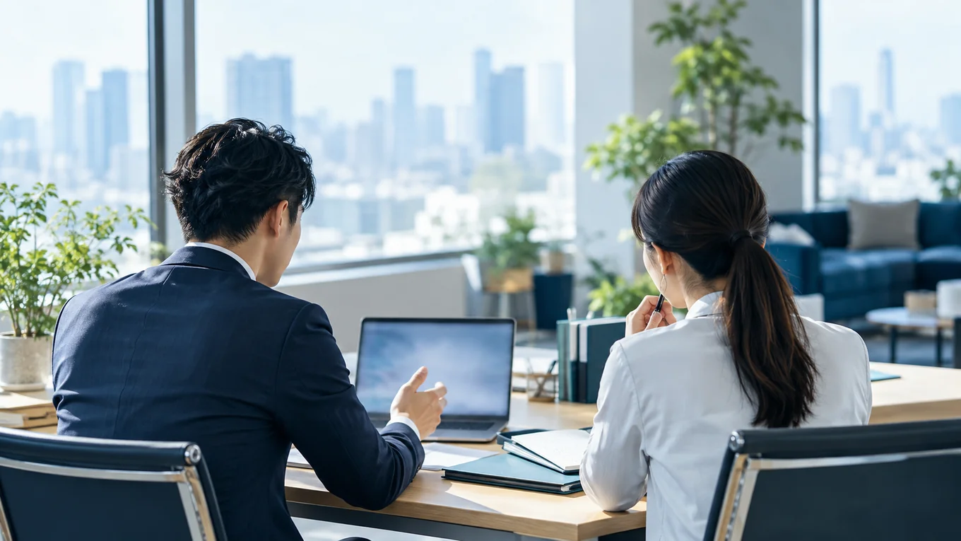 仕事の引継ぎについて相談する2人の人物のイメージ