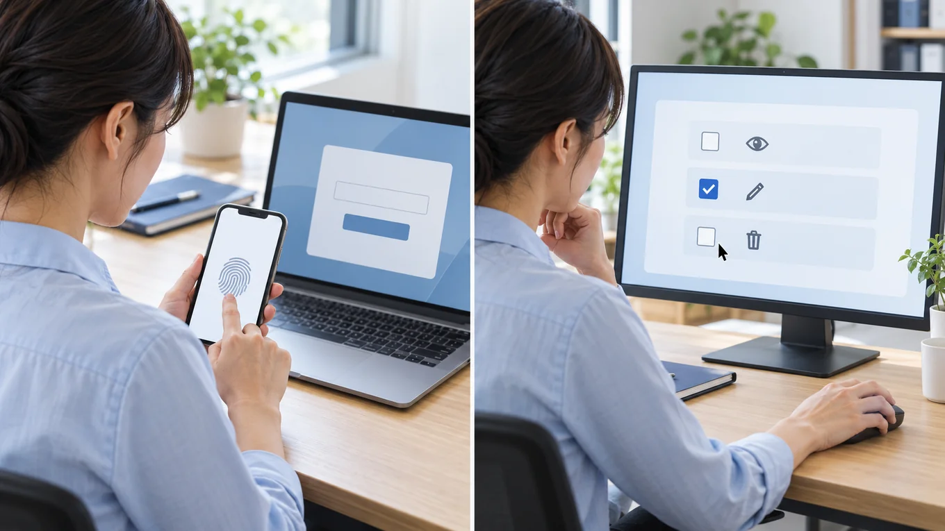 左はスマートフォンで本人確認をする女性、右はPC画面でアプリに許可する操作を選ぶ同じ女性を対比した架空の利用場面