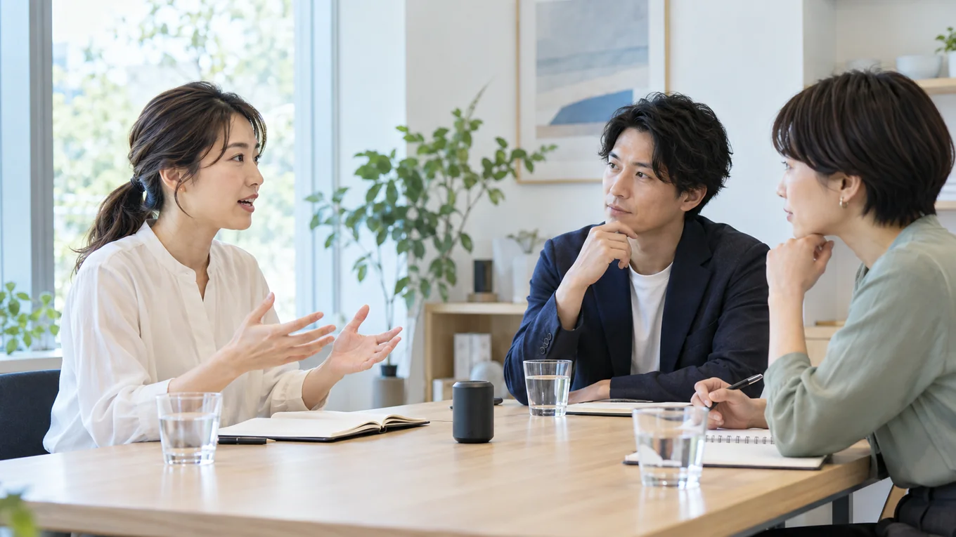 明るい会議室で、打ち合わせの記録方法を相談する人たちのAI生成イメージ