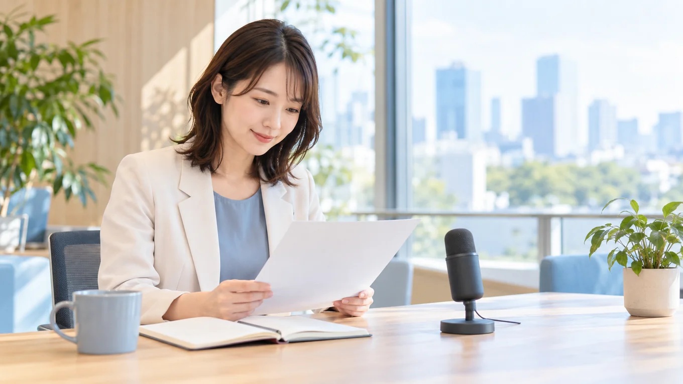 短い架空の台本を使い、音声を試す準備をするAI生成イメージ