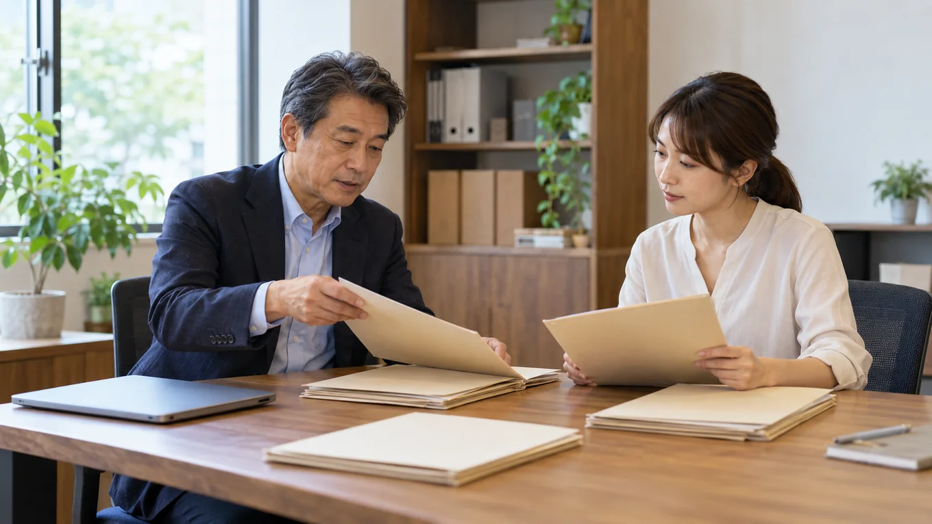 仕事で扱う情報と担当について相談する2人のイメージ